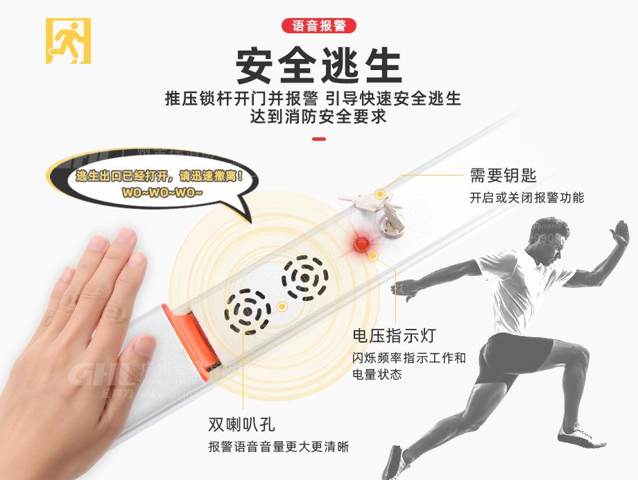 推壓鎖桿開門并報(bào)警，語音引導(dǎo)快速安全逃生，達(dá)到消防安全要求。