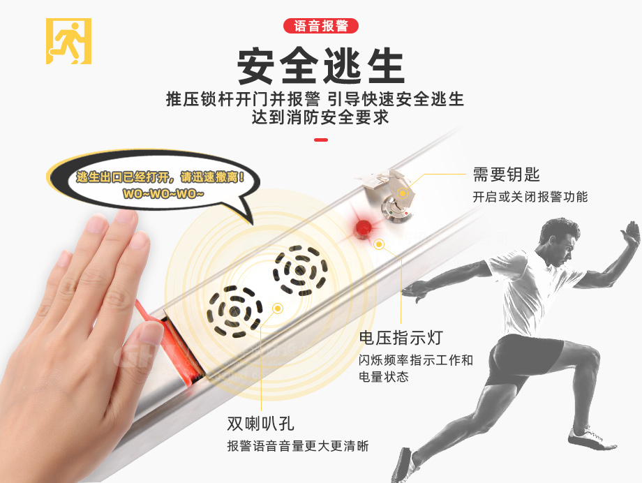 推壓鎖桿開門并報警，語音引導快速安全逃生，達到消防安全要求。
