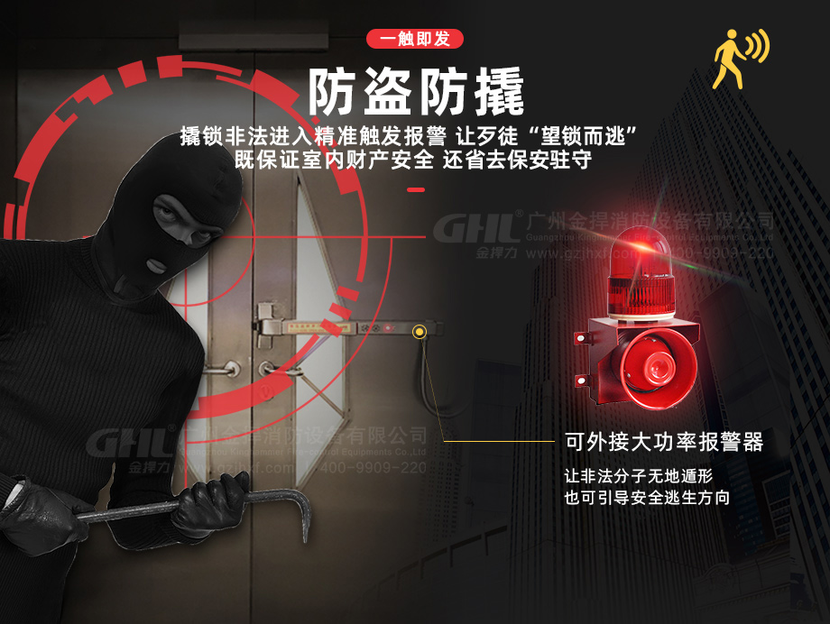 防盜防撬，報警裝置一觸即發，保證室內財產安全，省去保安駐守。